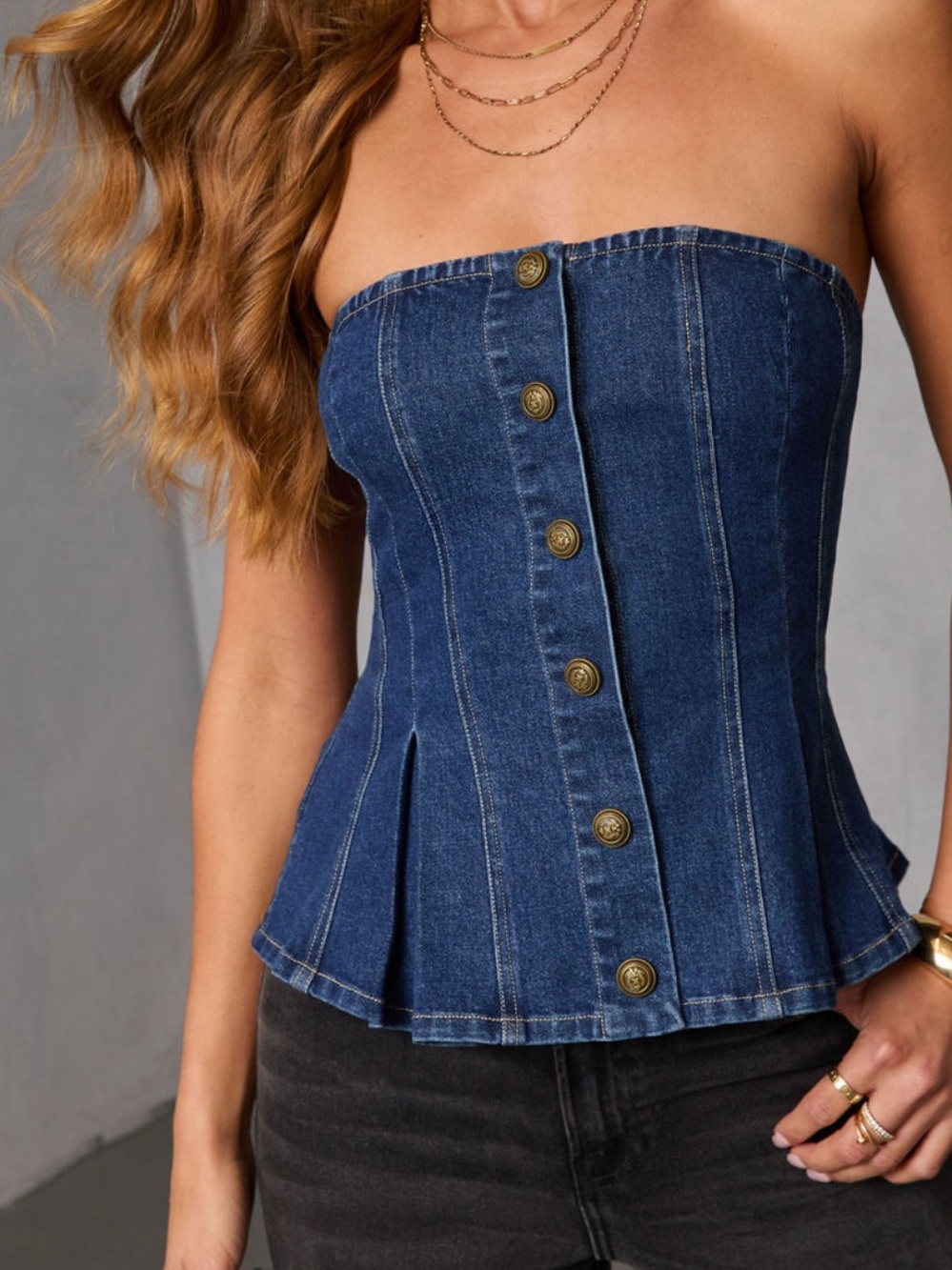 Denim Strapless Button-Front Peplum Top - Blue
